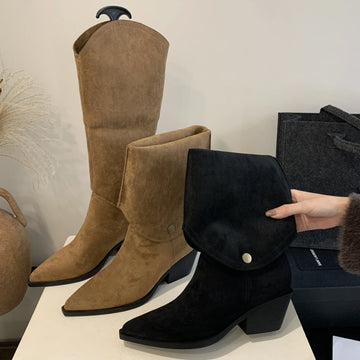 Xajzpa Retro Style Fold Button Women Knee-High Boots Fashion Pointed Toe Square Low Heels Casual Dress Ladies Shoes